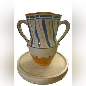 Hand-Painted Mediterranean Pottery Vase Blue Striped Ceramic Urn Double Handles